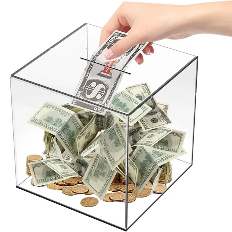 12CM Transparent Acrylic Piggy Bank Not Advisable Square Large Capacity Money Saving Box Non-removable Coin Banknote Box Tip box