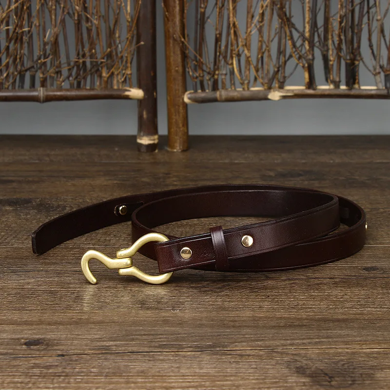 

Retro Italian Women's Stylish Leather Belt with Copper Buckle Casual Waistband Top Grain Cowhide