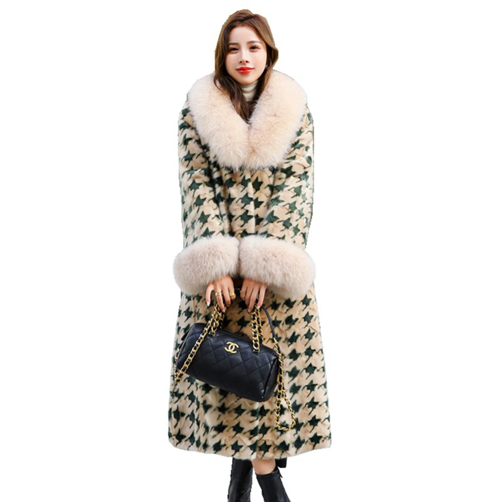 

Luxury Piece Mink Fur Coat Fox Fur Collar Autumn Winter Women Warm Outerwear Overcoat LF2319JY