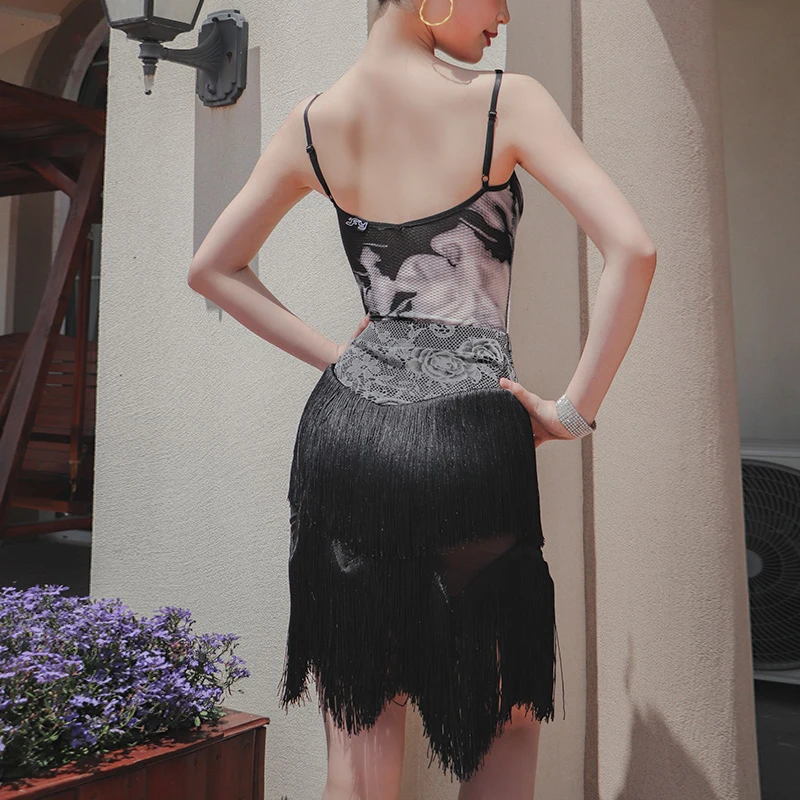 Sexy Zwarte Latin Dans Kostuum Voor Vrouwen Nieuwe Kant Fringe Dans Rok Sling Bodysuit Samba Salsa Dansen Praktijk Kleding VDL3963