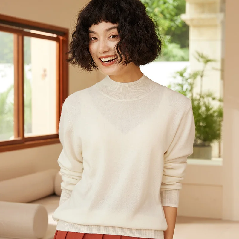 2025 Autunno/Inverno Nuovo Maglione da Donna 100% Cashmere Mezza Collo Alto Felpa con Cappuccio Lavorato a Maglia Tinta Unita Casual Top da Donna