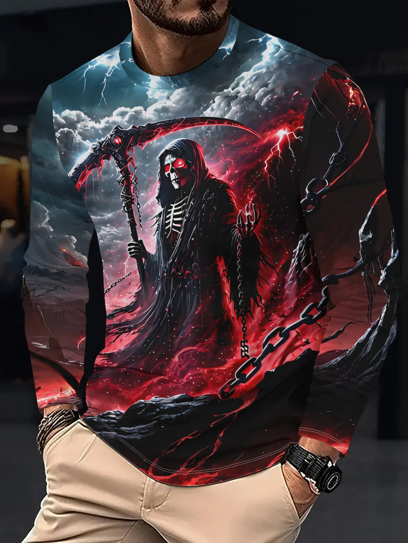 Men's Long Sleeve T‑Shirt Grim Reaper Scythe Lightning Chain Halloween Print Crew Neck Streetwear Top
