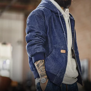 Maden Retro Men's J130 10.5oz Denim Jacket Heavyweight Washed Aged Hooded Jacket Zipper Work Coat with Large Pockets for Fall 3 Maden Retro Men's J130 10.5oz Denim Jacket Heavyweight Washed Aged Hooded Jacket Zipper Work Coat with Large Pockets for Fall 3