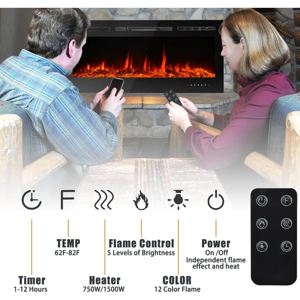 50 Wall-Mounted Electric Fireplace with LED Flames, Remote & Touch Controls - CharaVector Modern Home Heater