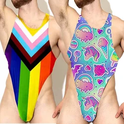 Mens Unicorn Rompers Summer Trend Rainbow Contrast Playsuit Siamese Underwear One-piece Bodysuit New LGBT Sexy Lingerie Jumpsuit