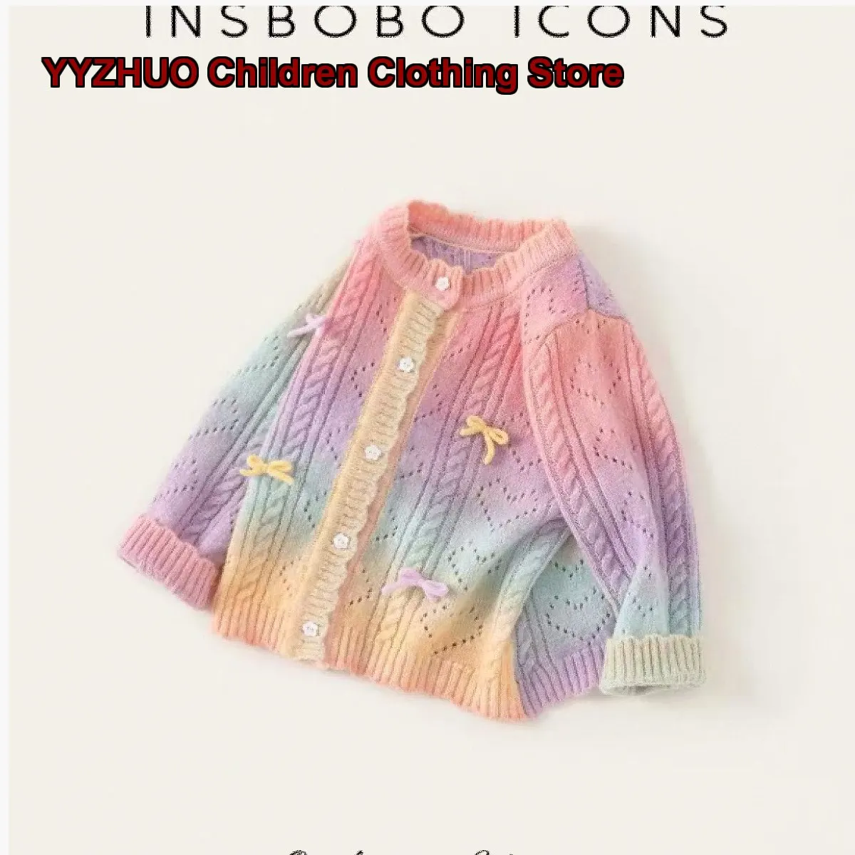Girls Crochet Cardigan Kids 2025 Rainbow Gradient Colorful Geometric Pattern Stylish