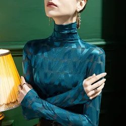 #4377 Black Blue Turtleneck T Shirt Women Thin Sexy Elastic Mesh Perspective T Shirt Femme Long Sleeve Office Skinny Tee Spring