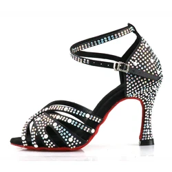 Scarpe da ballo latino con strass per donna, fondo morbido, scarpe da Salsa per ballare, sandali da donna, tacchi alti da sposa, 7.5cm