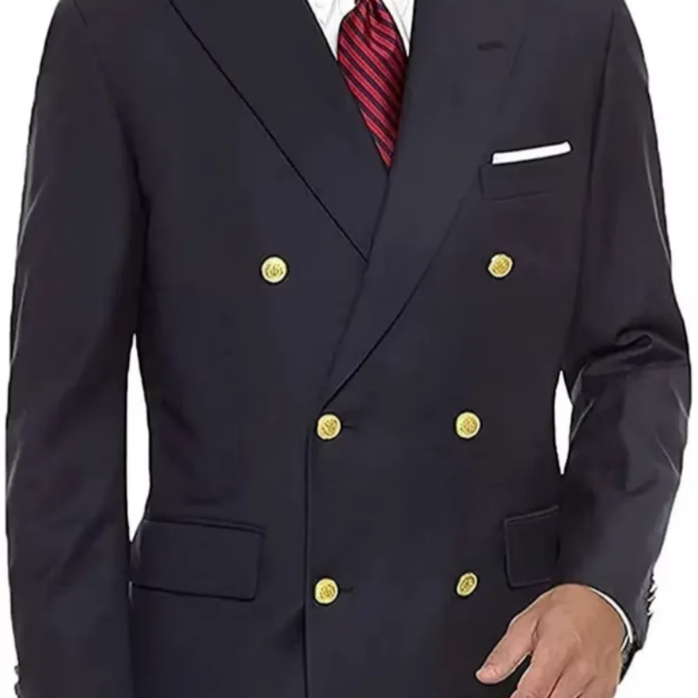 Navy Blue Wedding Blazer Men Gentleman Suit Jacket Gold Buttons Casual Slim Fit Double Breasted Business Male Only Blazer