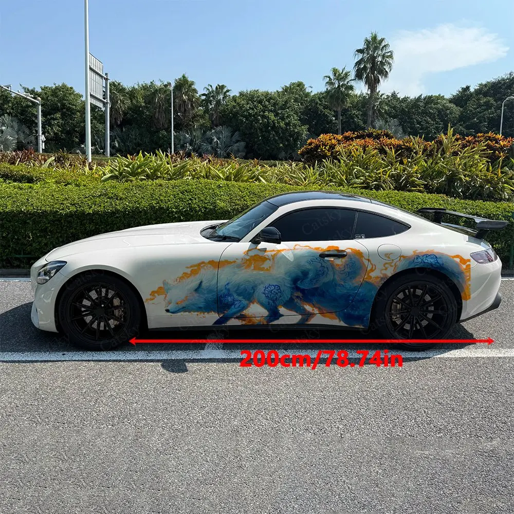 2pcs Blue Pattern Galloping Fox Car Side Wraps, Self-Adhesive PVC Waterproof & Scratch-Resistant Stickers, Car Accessory Gift