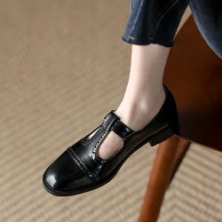 New Spring/summer Mary Jane Shoes for Women Split Leather Round Toe Thick Heel Shoes Casual Brogues Black Chunky Heel Shoes