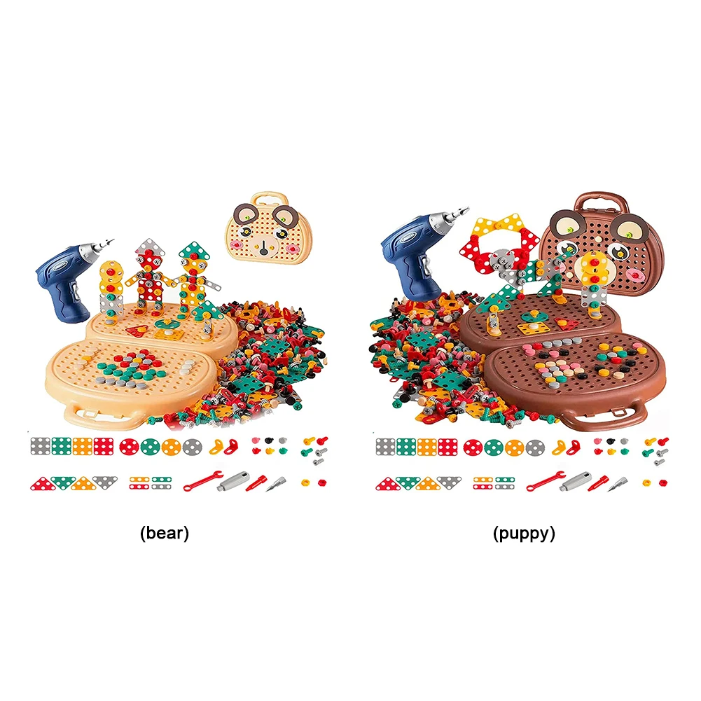 Brinquedo mosaico criativo para crianças, bloco de construção de engenharia, conjunto de construção com furadeira elétrica, ferramenta parafuso, presente, 203 peças