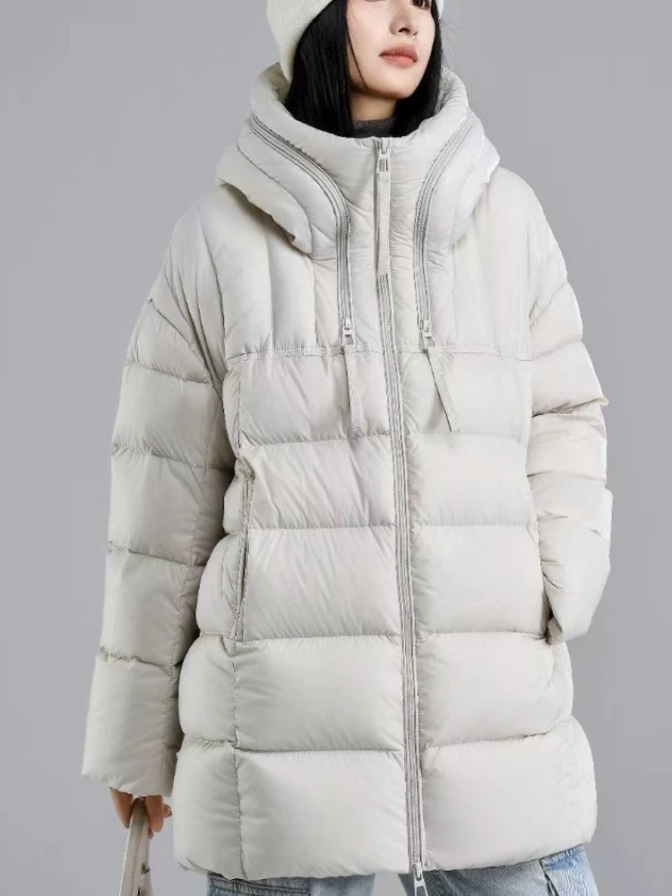 Koreańska luźna kurtka puchowa damska średniej długości, zimowa, modna, codzienna, z kapturem, gruba, ciepła parka, jednolity kolor, 90% biały puch kaczy, płaszcz puchowy.