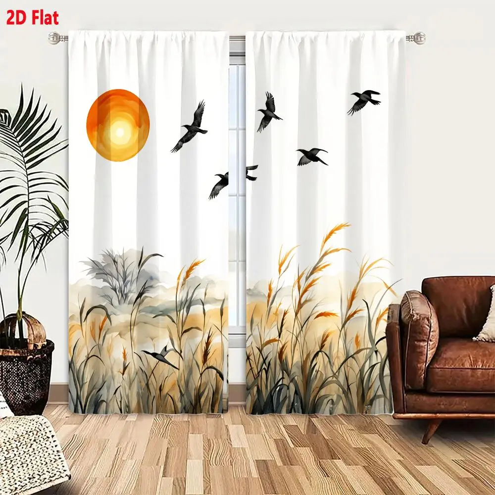 2Pcs Curtains 2D Flat Serene Landscape Illustration With Glowing Sun Migrating Birds And Tall Grasses In Painterly Style Window