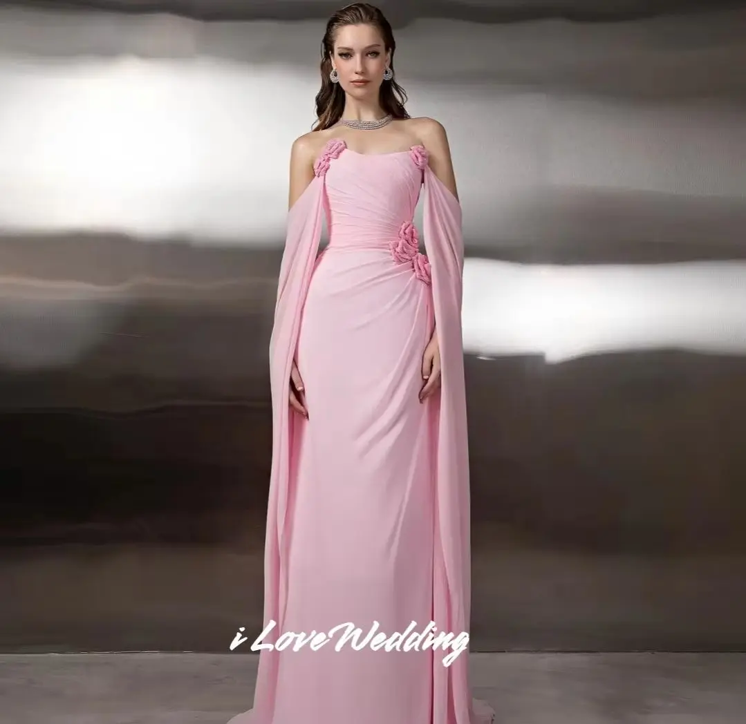 Rosa trägerlose Abendkleider 2025, Chiffon-Schal, 3D-Blumen, Meerjungfrau, Sweep-Zug, bodenlang, Ballkleider, plissiert, individuell gestaltet