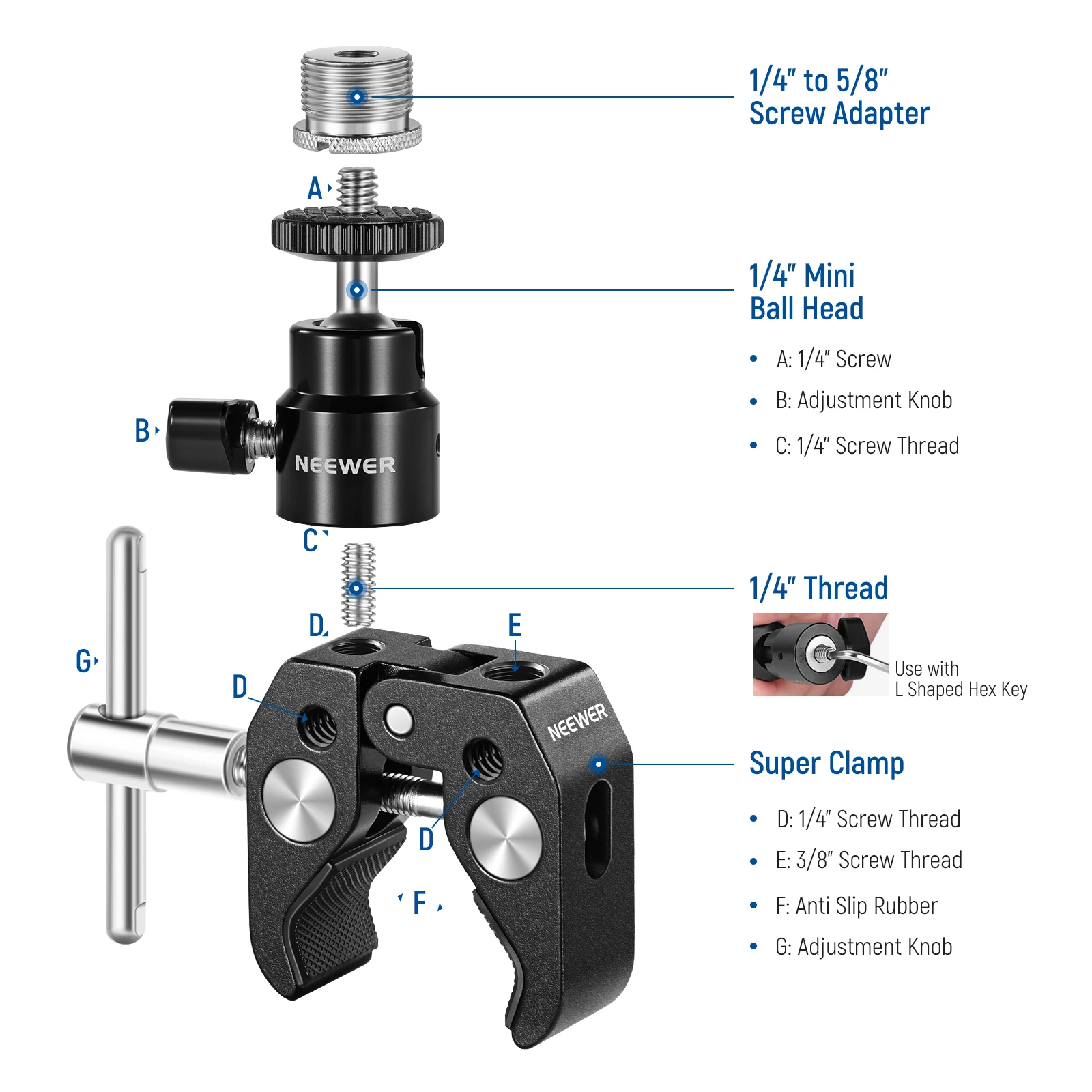 Neewer Crab Clamp Articulated Mini Ball Head, Super Clamp Mic Mount with 1/4