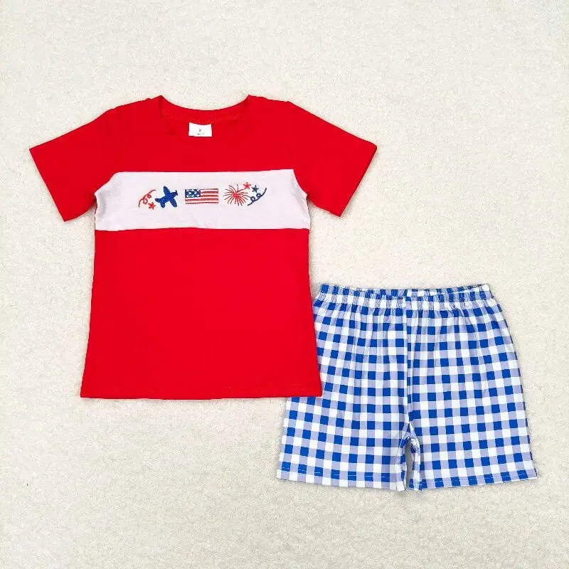 

BSSO0584 New RTS 4th of July Embroidery Clothing Fireworks Star Flag Red Short Sleeve Blue Plaid Shorts Sets Toddler Boy Clothes