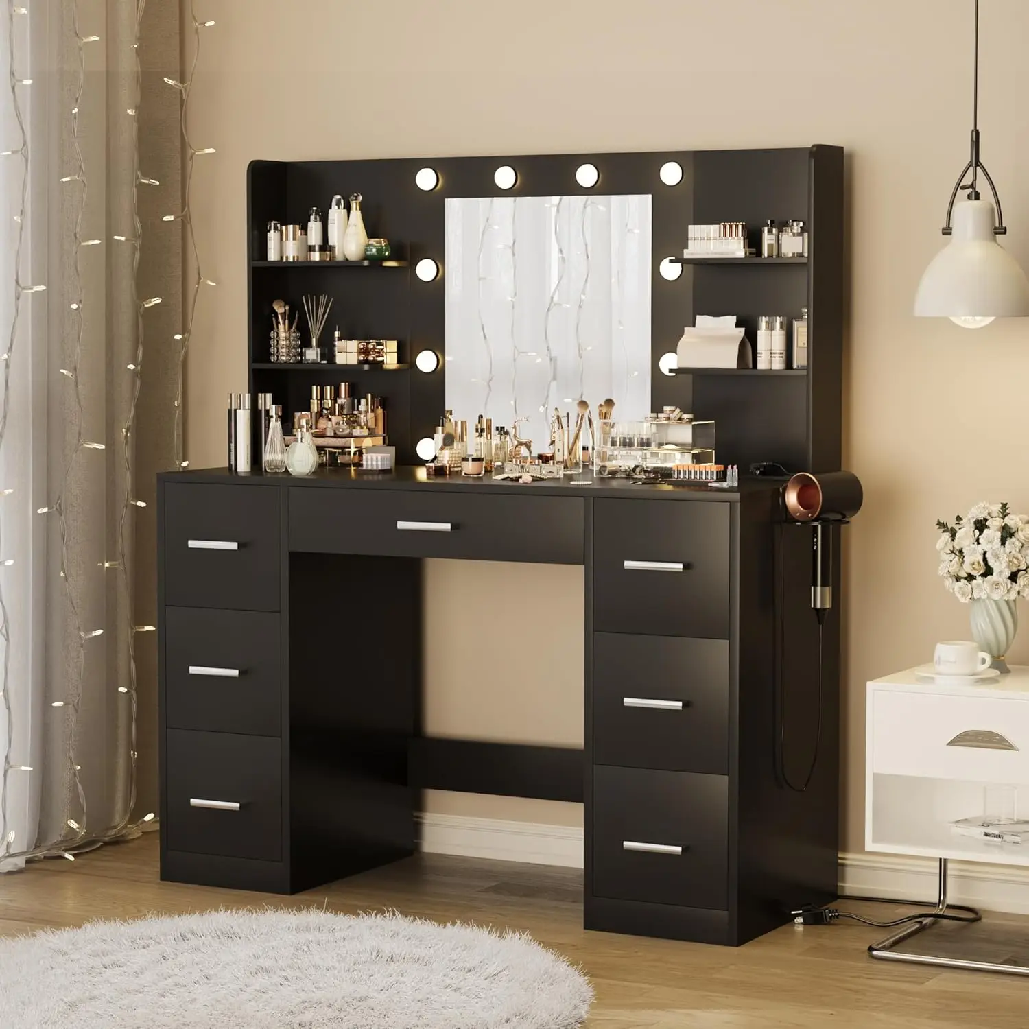 LED lights and power socket vanity with 7 drawers and 6 storage shelves, bedroom dressing room vanity (black)