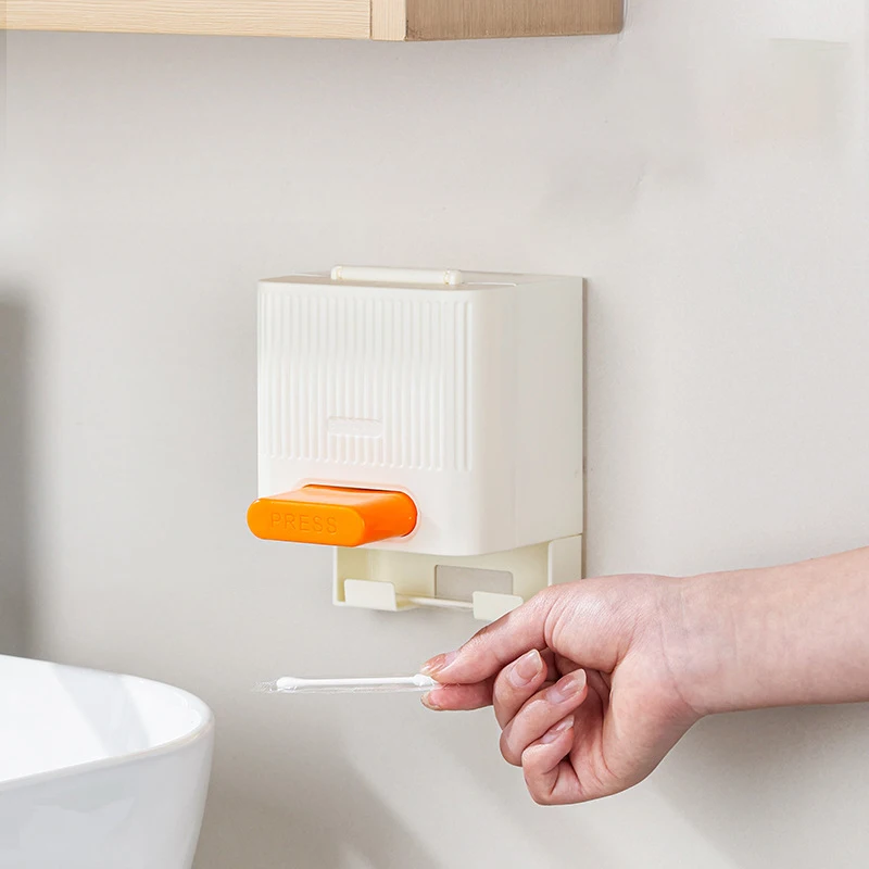 اضغط على صندوق أعواد القطن موزع أوتوماتيكي أعواد قطنية صندوق حاوية غطاء مقاوم للغبار منظم ماكياج للحمام تخزين المنزل