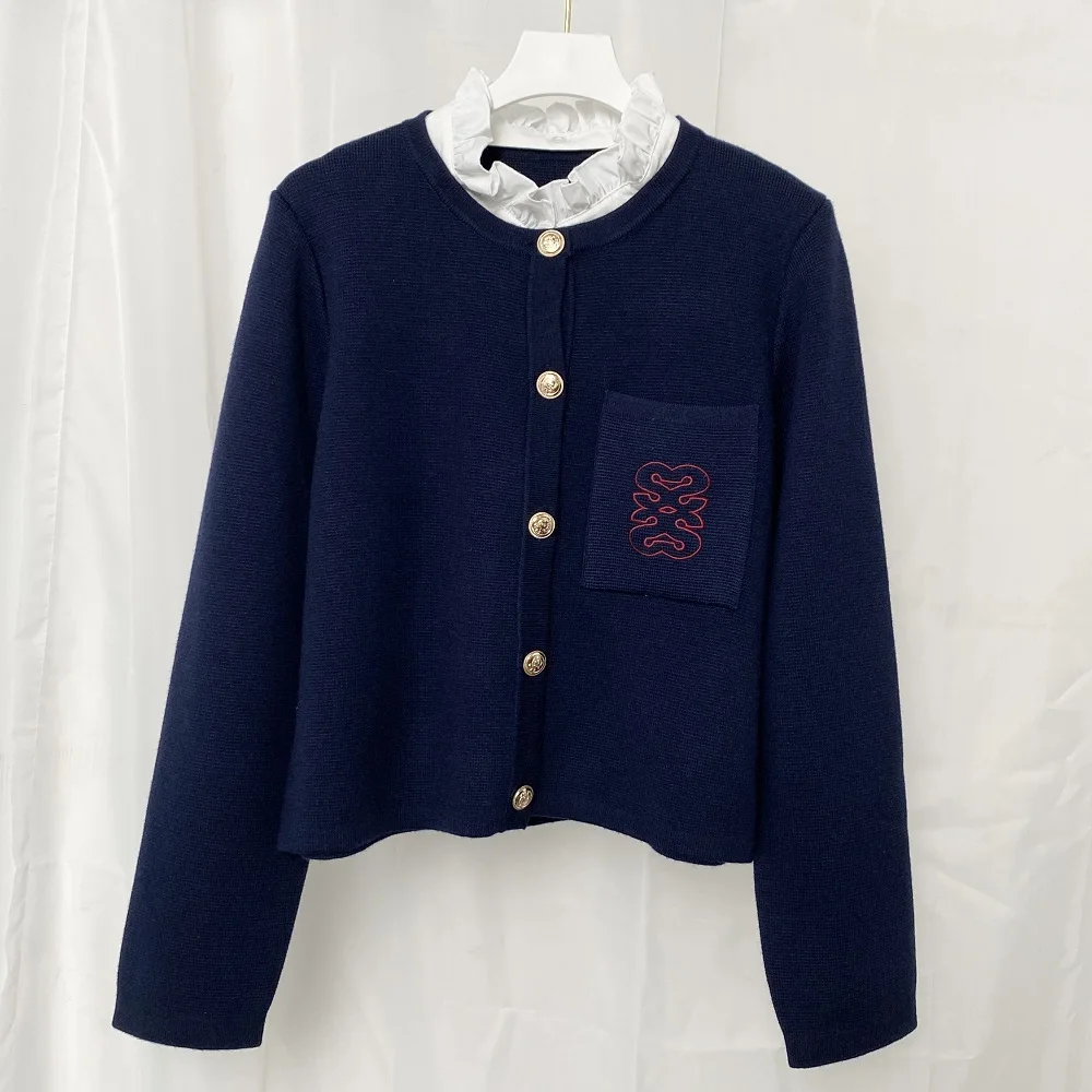 2024 Autumn/Winter new women's wear French dark blue high quality detachable wood ear side collar wool embroidery cardigan coat