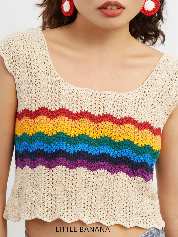 Loose Women's Short Knitted Sweater Vest Summer Rainbow Cotton Linen Blend Yarn Hand Crochet Yellow Banana Casual Top