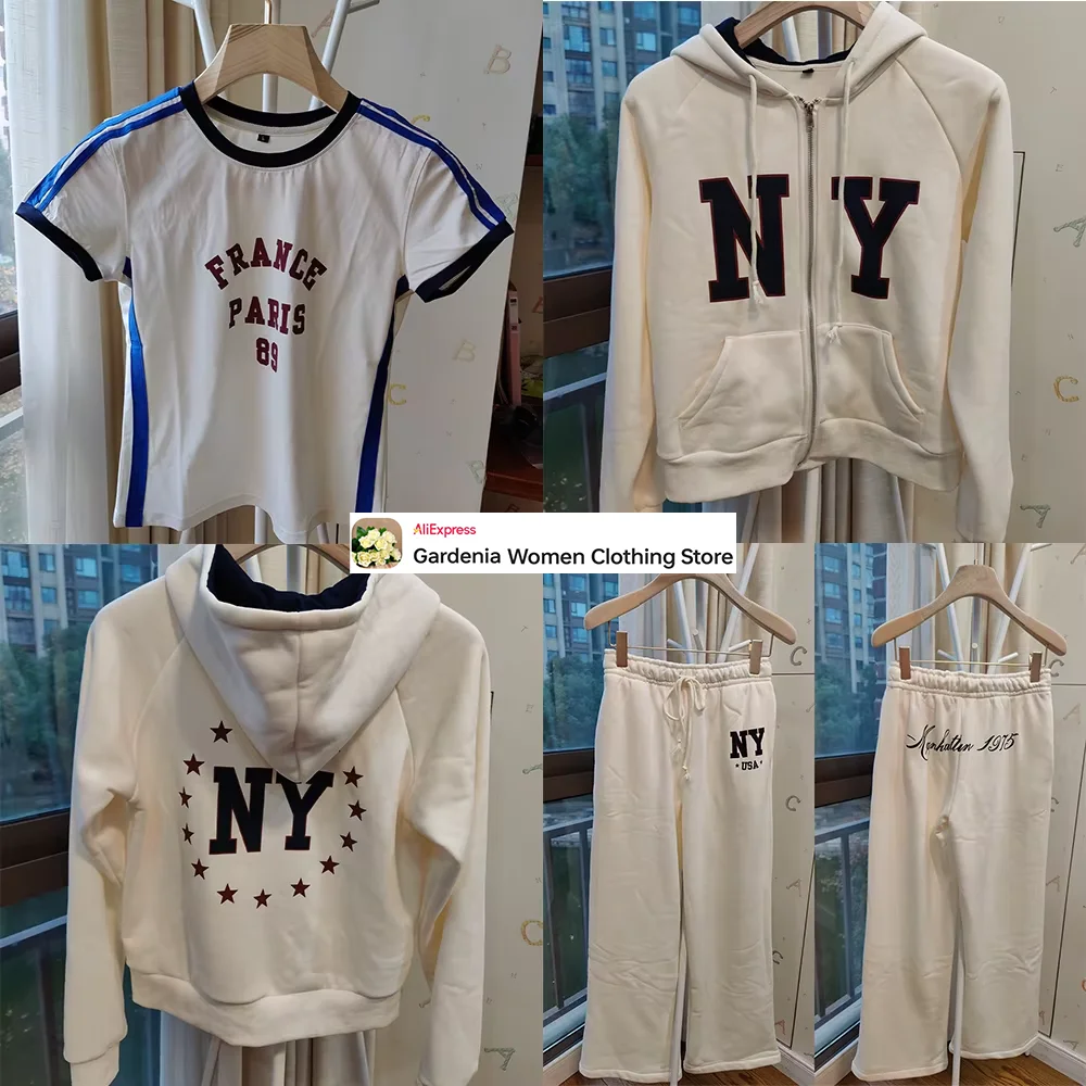 Women Adjustable Drawstring Hood Text Print Fall Outfit White Varsity New York Hoodie & Plush Trousers Aesthetic Baggy Pants Set