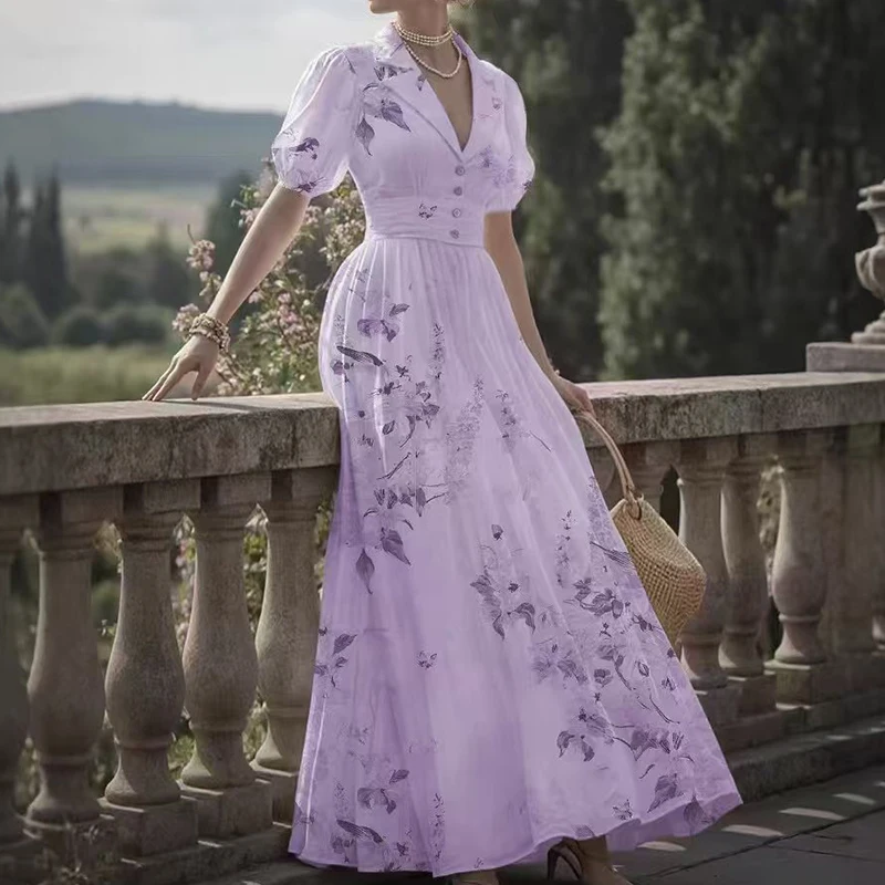 ファッションフラワープリントハイウエストホリデードレス新しい夏のパフスリーブプリーツ女性のドレスカジュアルラペルウエディング大統領ドレス