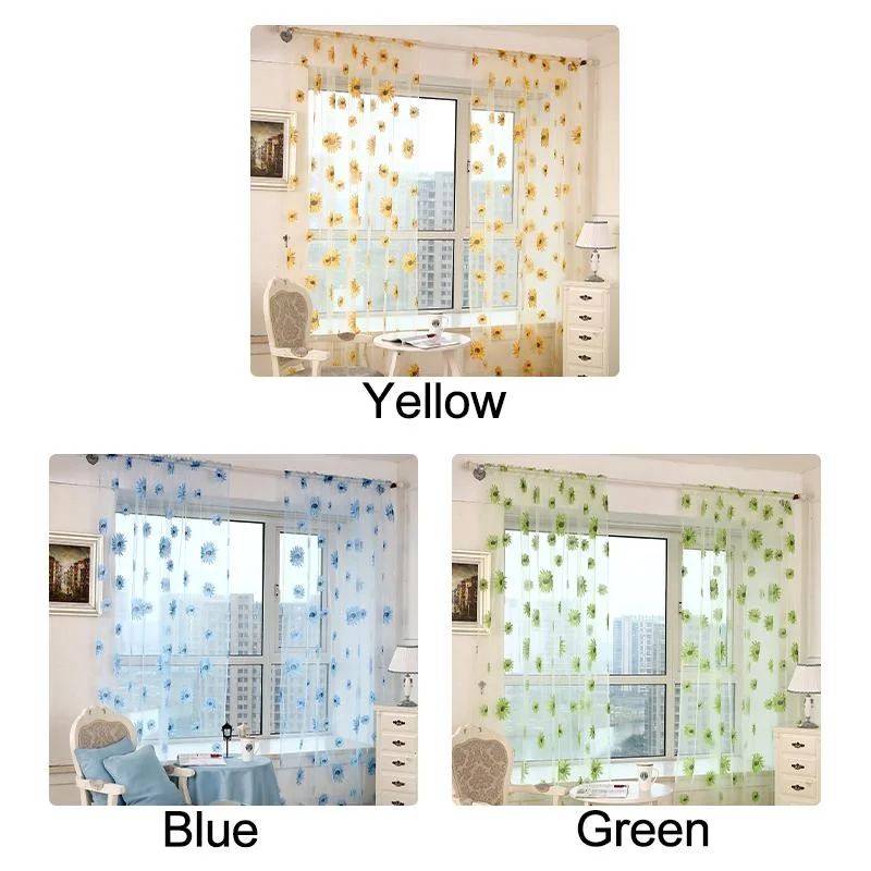 1pc Ventilated Breathable Modern Tulle Voile Curtains,Sunflower Window Sheer Curtains,Transparent Living Room Curtains