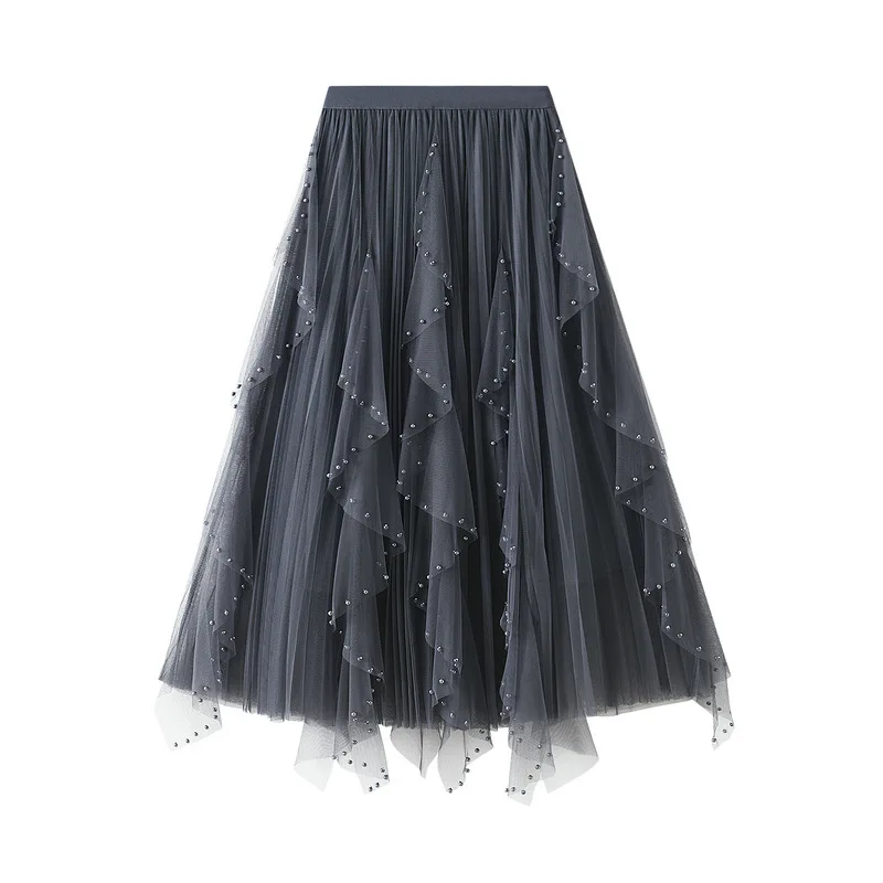 Fairy Gauze Skirt for Femme, Irregular Stitching of Nail Beads, Wave Ruffle Edge, Mesh Skirt, Medium Length Fairy Gauze Skirt