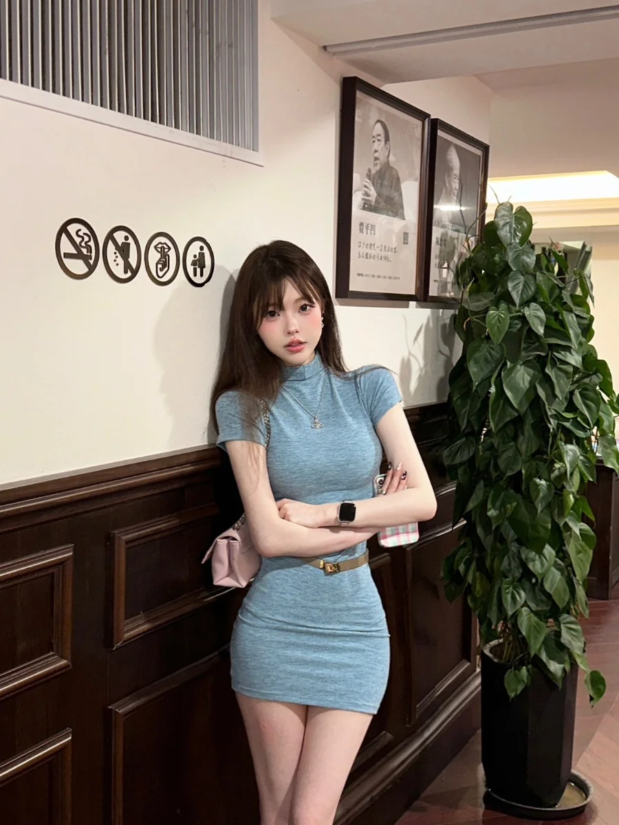 

Lovedeath Sexy Blue High Ne Bodycon Dr Women's Trendy ort Sve Breathable Cotton Spring Summer Autumn Winter