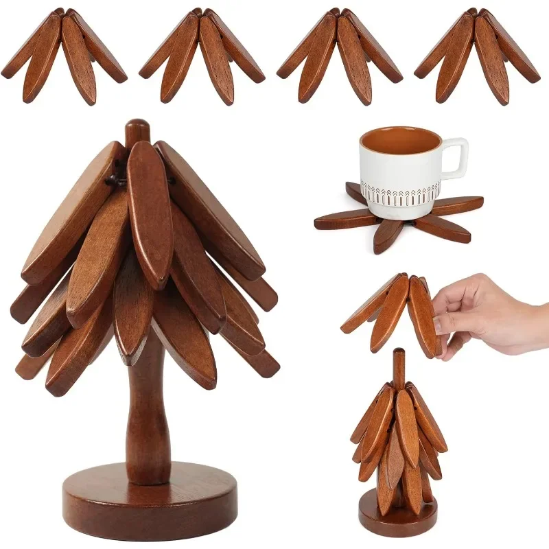 

Trivets for Hot Dishes - Decorative Wooden Christmas Tree Shape, 4 Trivets + 1 Stand, Perfect for Hot Pots, Pans, and Home