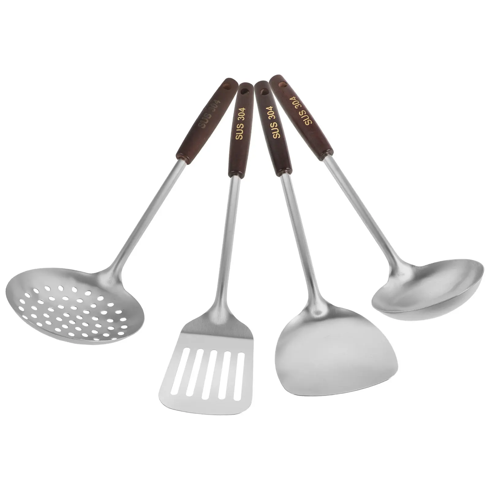 Juego de 4 utensilios de cocina de mango largo de acero inoxidable con mango de madera: espátula, cuchara, espumadera y cucharas para wok y servir.
