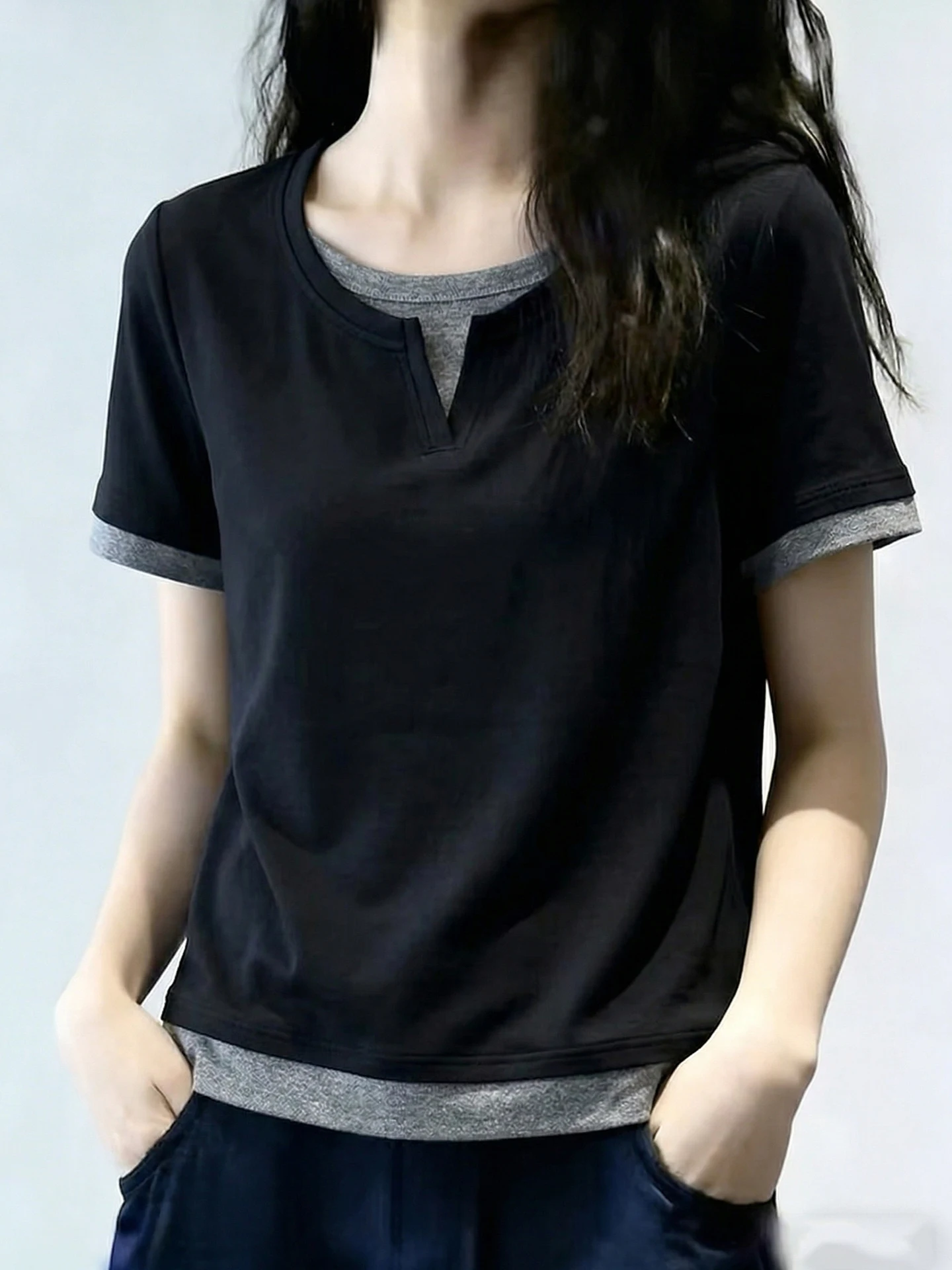 

Korean Style Fake Two-Piece T-Shirt round Neck Loose Short Sleeve Anti-Aging Fashionable Summer Women's Shirt Color Block Design