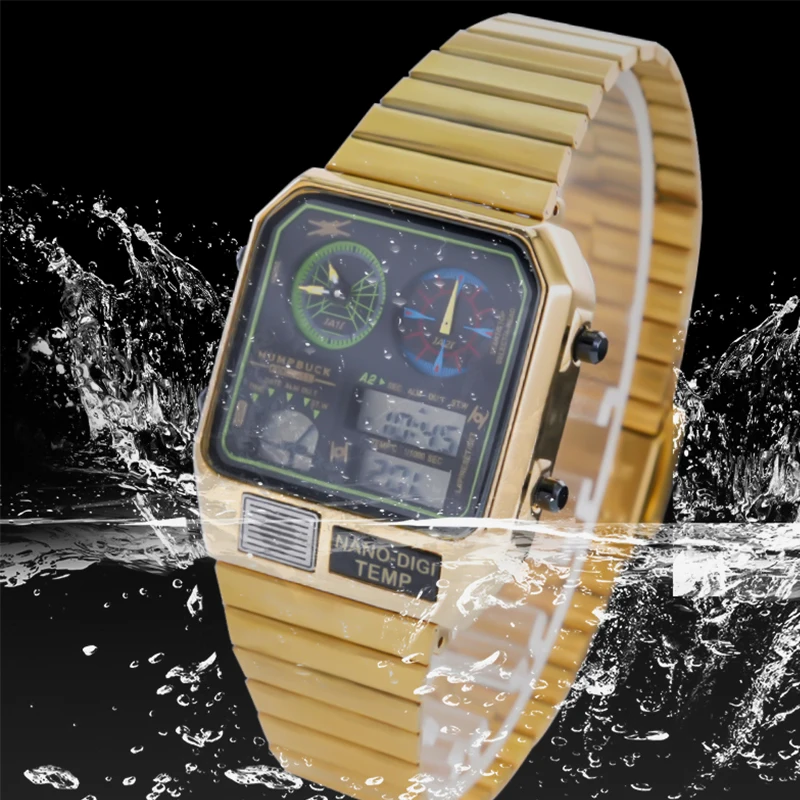 HUMPBUCK Luxury Brand Watch Men Waterproof Stainless Steel Strap Dual Display Quartz Men Watch Fashion Luxury Brand Watch Me