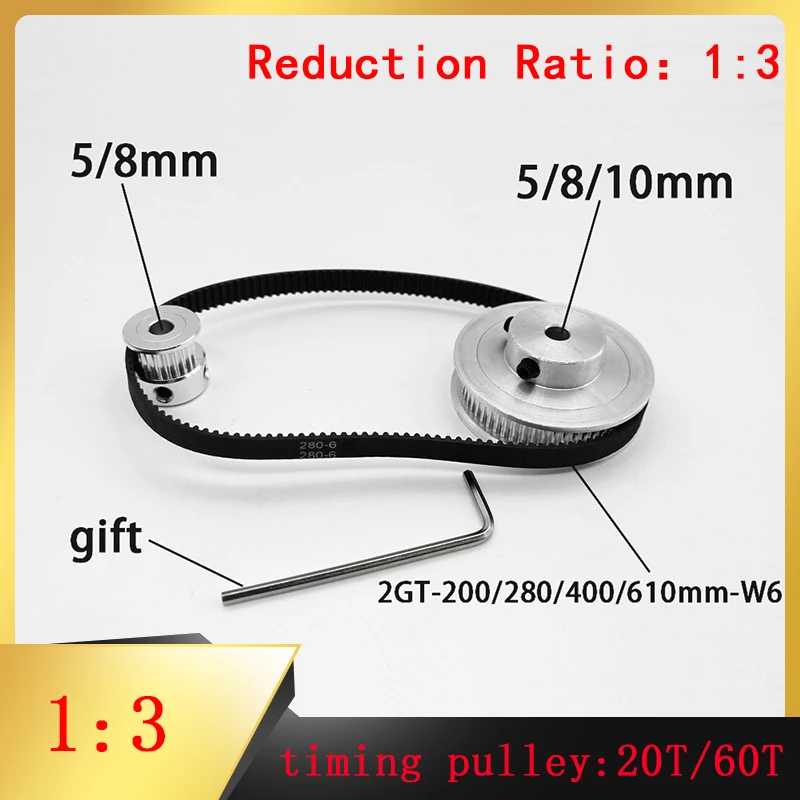 GT2 2M 20/60 zębów 1:3 współczynnik redukcji drukarka 3D szerokość części 6mm synchroniczny pasek kołowy 200/280/400/610mm przysłona 5/8/10mm