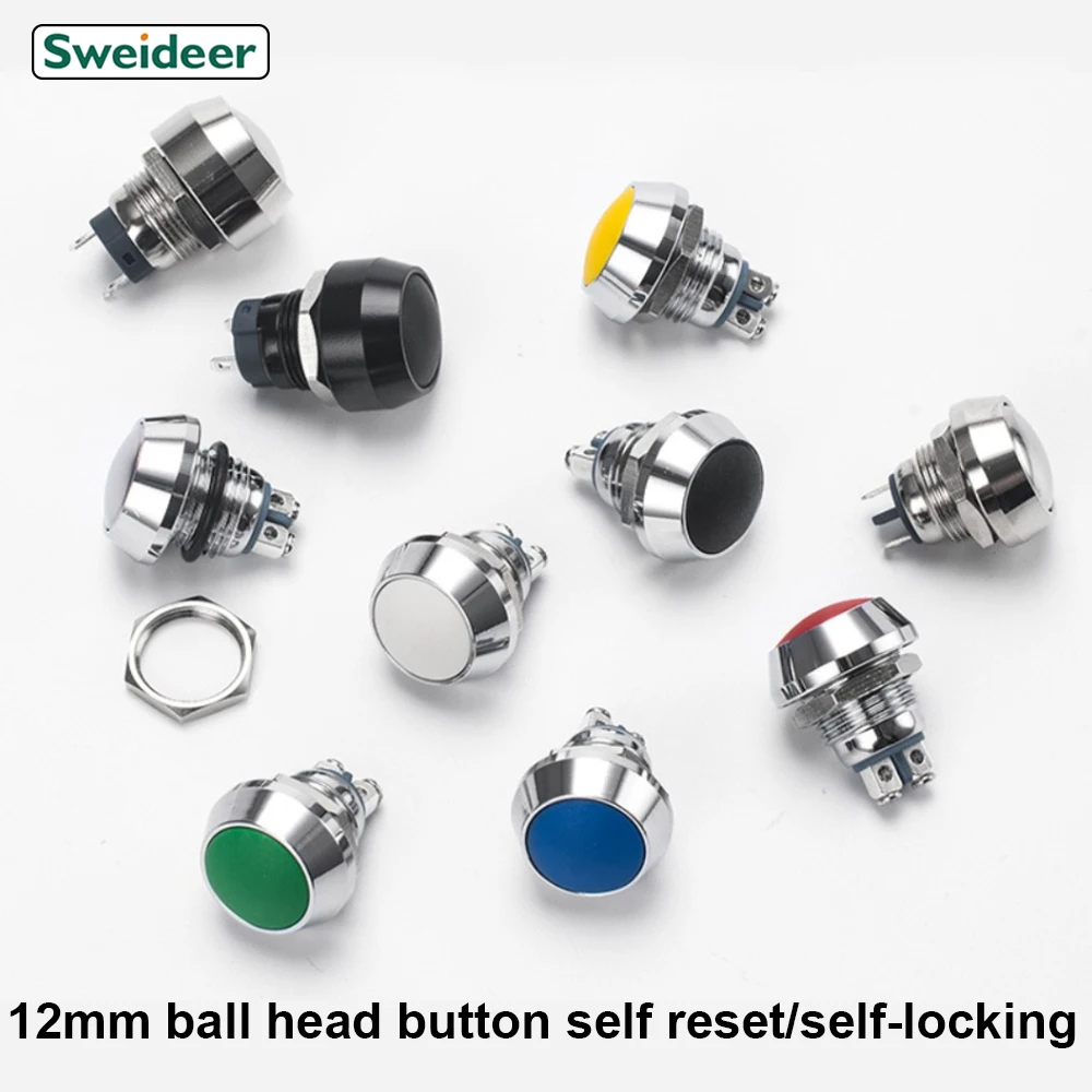 12mm Metal Push Button Switch Ball Round Head Waterproof Reset Self Locking Screw Welding Feet 3A Car Auto Horn Door Bell Swtich