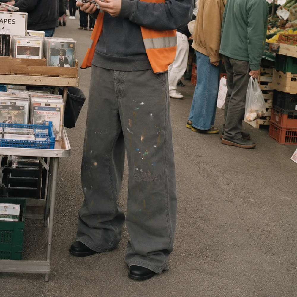 High Street Overdyed Splashed Ink Patch Jeans for Men Ropa Hombre Straight Gray Washed Baggy Denim Trousers Oversized