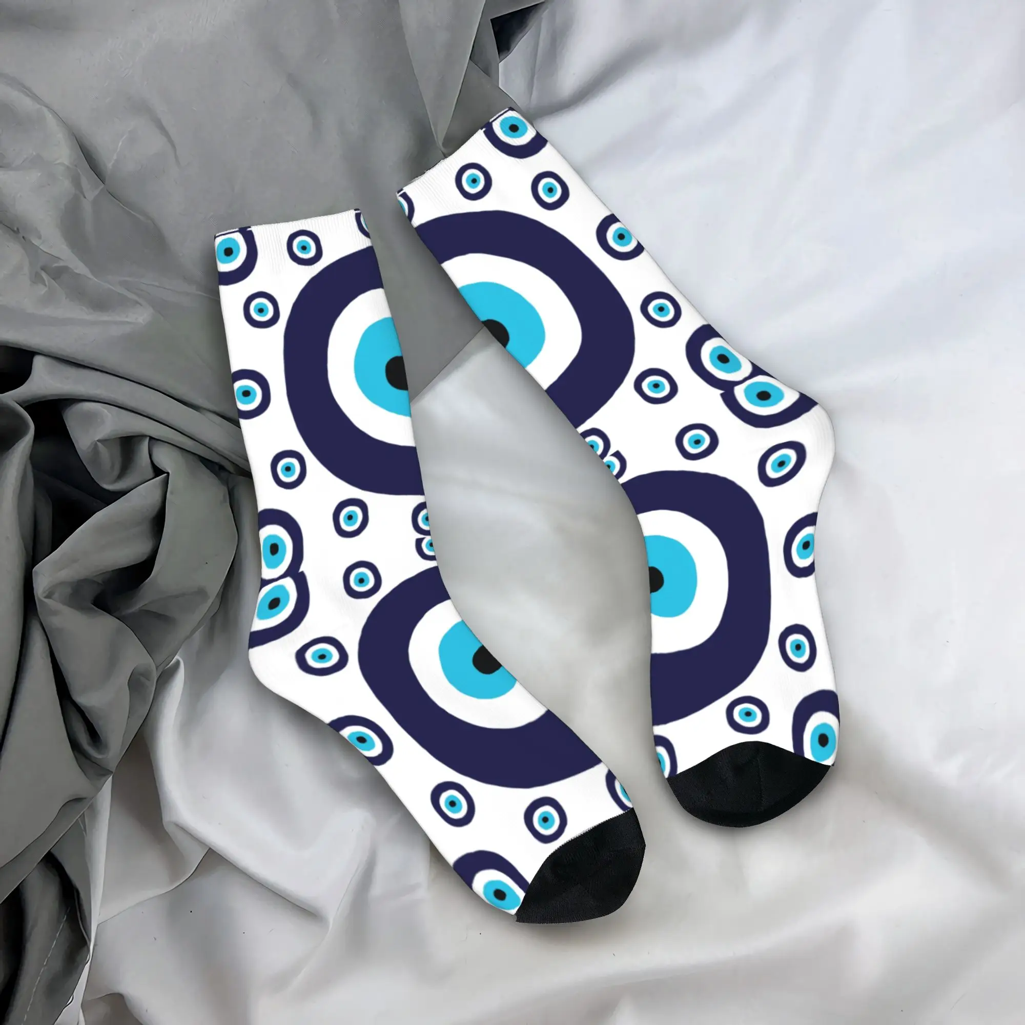 

Custom Navy Blue And Aqua Nazar Evil Eye Lucky Charm Pattern Crew Socks Amulet Boho Spring Summer Autumn Winter Dress Socks