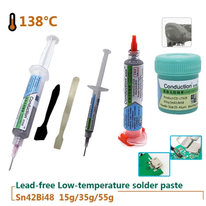 Needle Tube Type Lead-free Low Temperature Solder Paste Sn42Bi58 Melting Point 138℃ for PCB BGA LED SMD Repair Solder Paste 35g