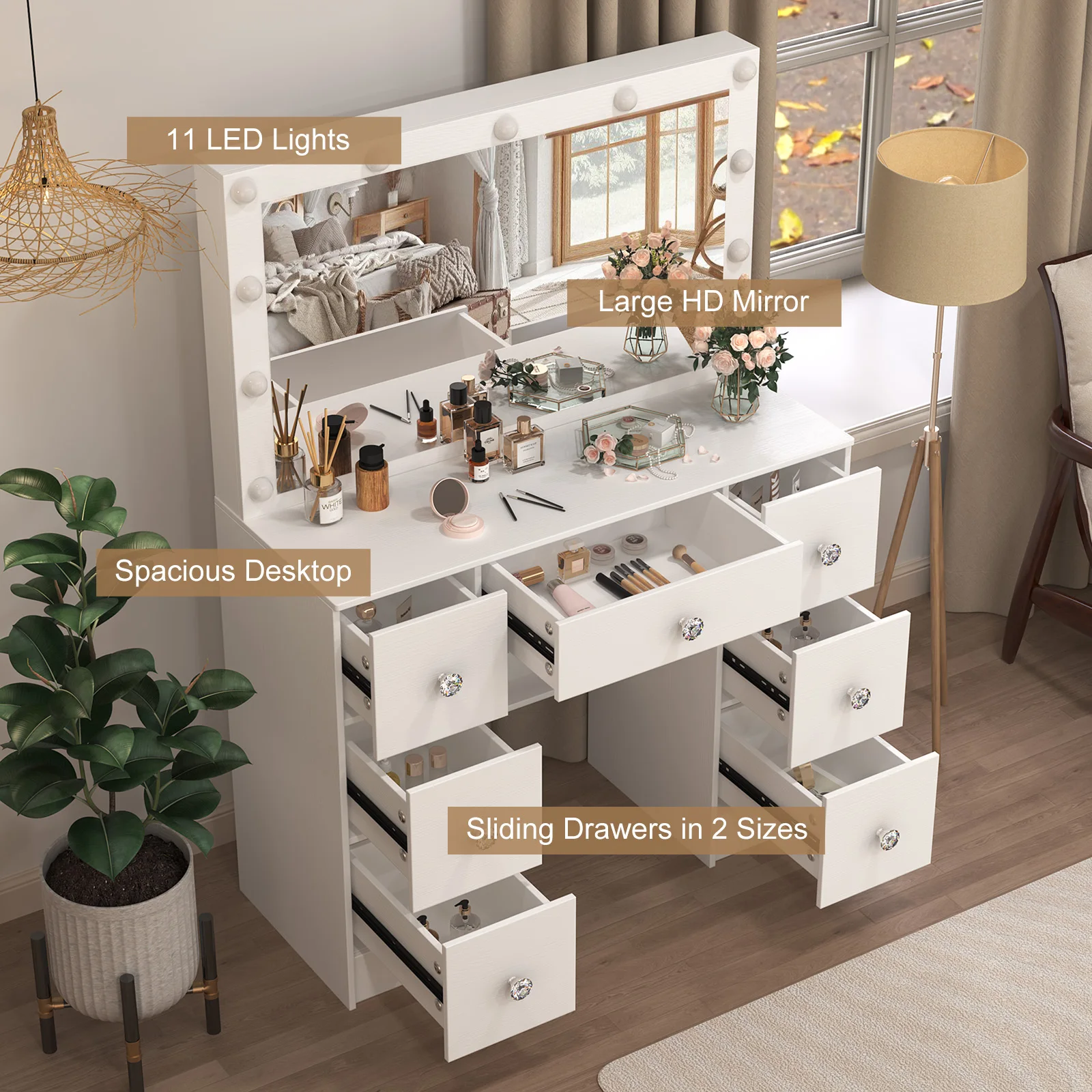 زينة خشبية مستوحاة من الطراز العتيق مع مرآة مضاءة - 3 أوضاع إضاءة وأدراج وأرفف واسعة