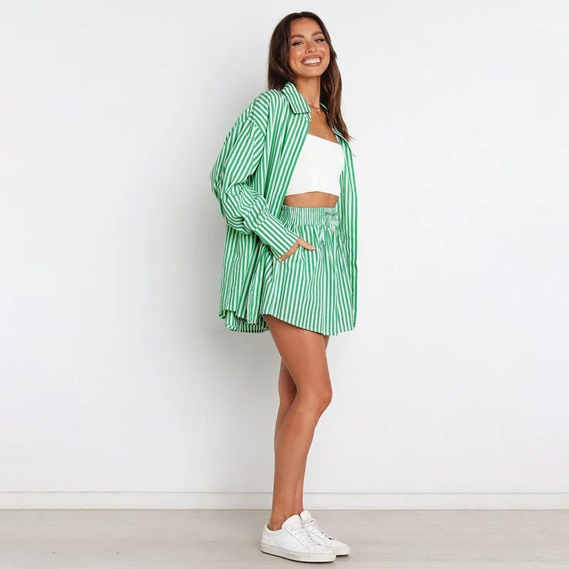 Striped Shirts Office Lady Long Sleeves Turn Down Collar Button Tops with Shorts Summer Women Clothing Casual Two Pieces Set