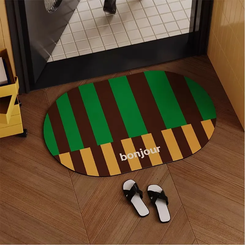 Retro Light Luxury Striped Bathroom Mat Diatom Mud Bath Rugs Absorbent Quick-drying Carpet PVC Anti-slip Rug Toilet Floor Mats