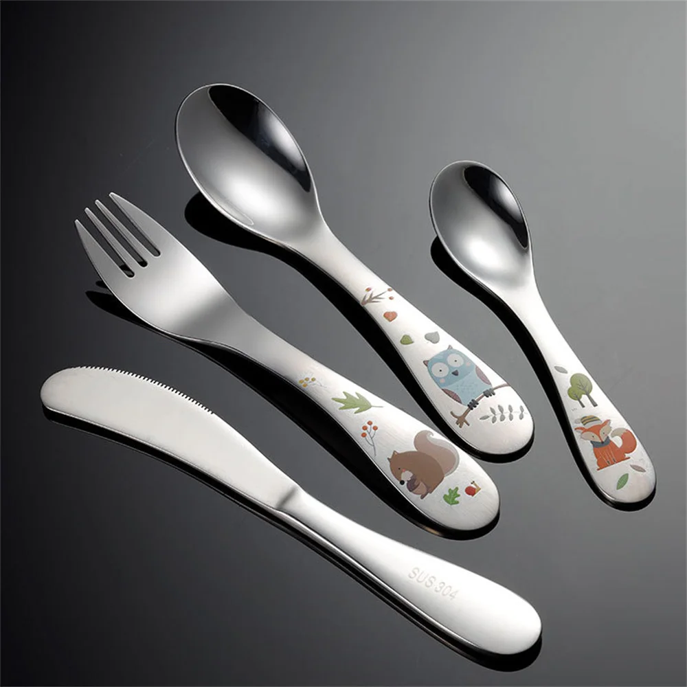 Kids Cutlery Cartoon Pattern Carving 304 Stainless Steel Tableware Spoon Fork Knife Set Baby Flatware Feeding Kitchen Supplies