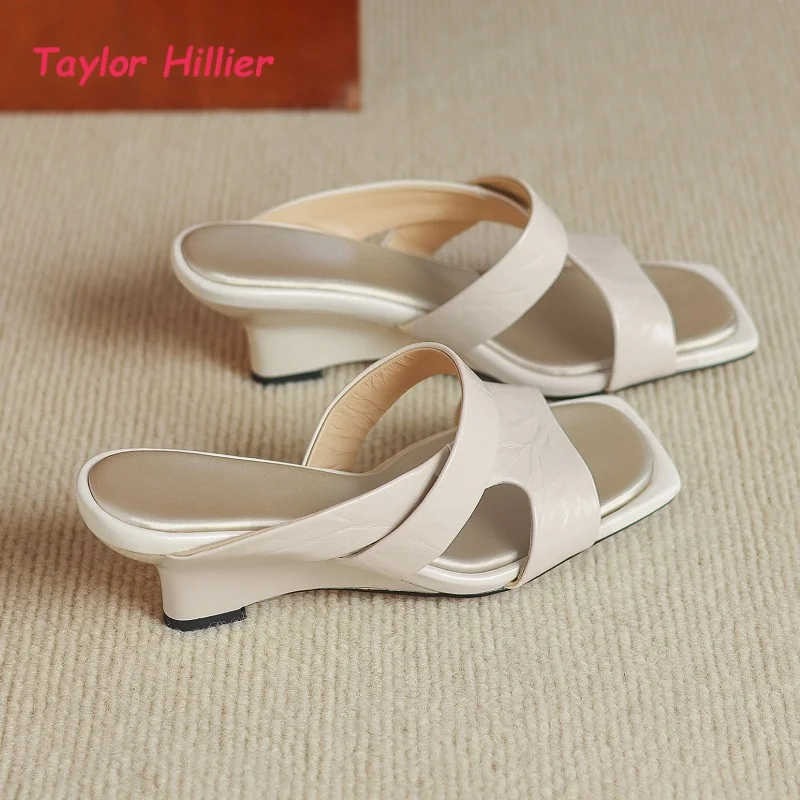 Casual Crisscross Wedge Heel Mules Women Square Open Toe Cutout Slip On Comfortable Daily Commute Office Summer Fashion Shoes
