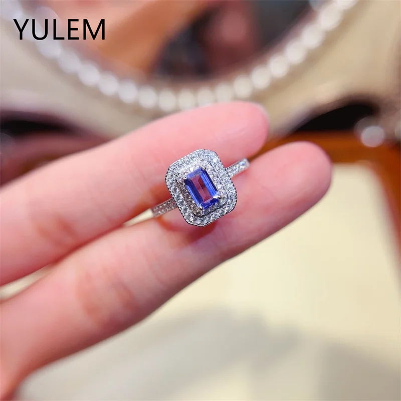 YULEM 4x6mm Rectangle Natural Tanzanite with Purple Color Silver 925 Ring for Women Daily Wear