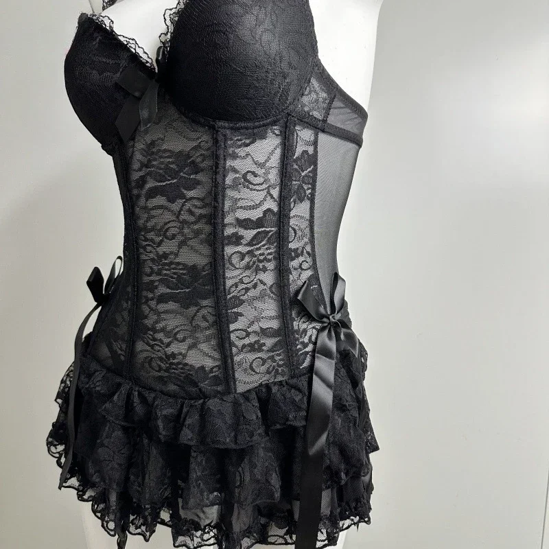 مشد أسود الملابس الداخلية فستان المرأة مثير overالصدر رفع مشد الدانتيل هيكل السمكة مشد شفاف بوستير كلوبوير ينغيرييس 2025 #4