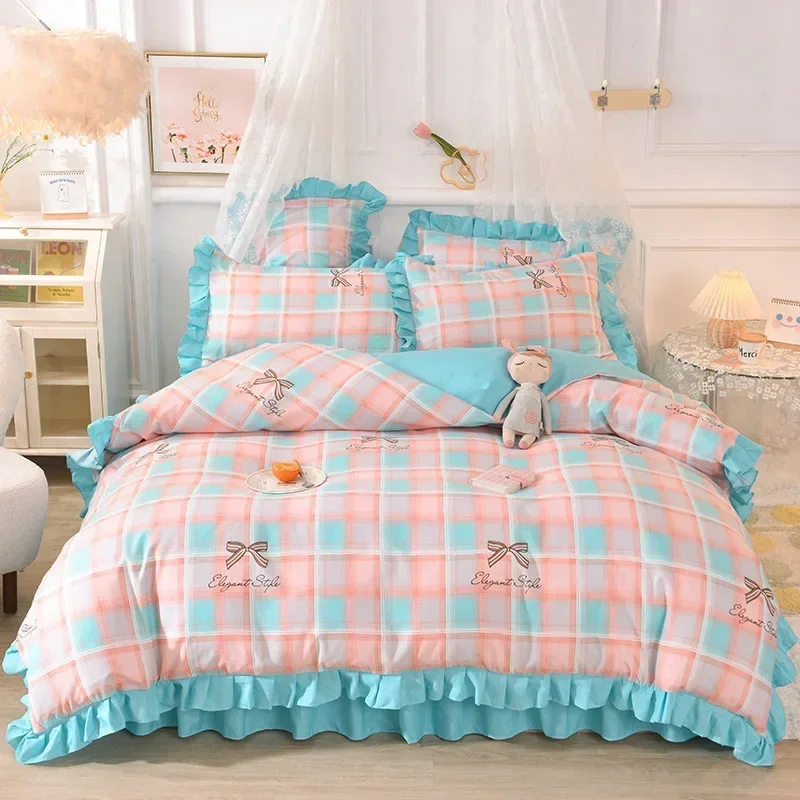 

Korean Princess 4PCS Duvet Cover Set Luxury Bed Cover Set with Quilt Cover Lovely Bedding Set Twin Size PillowCases Bedspread