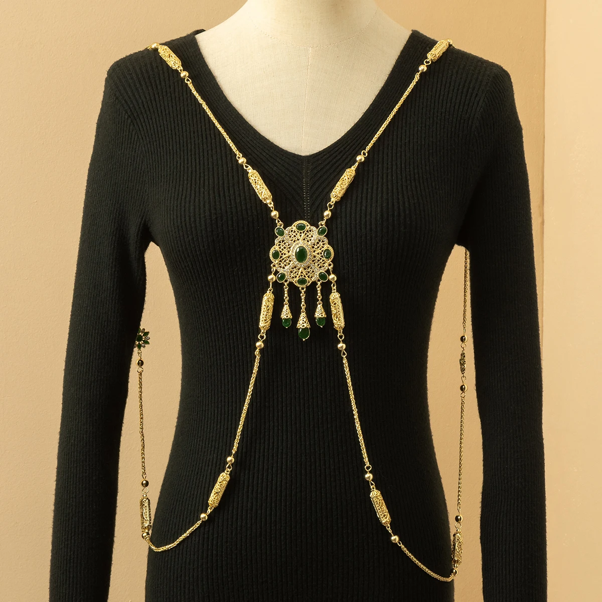 Marokańska Biżuteria Ślubna Łańcuszek na Ramię Damski Pasujący do Abaje i Sukni Wieczorowej Suknia Ślubna Ozdobny Łańcuszek na Klatkę Piersiową