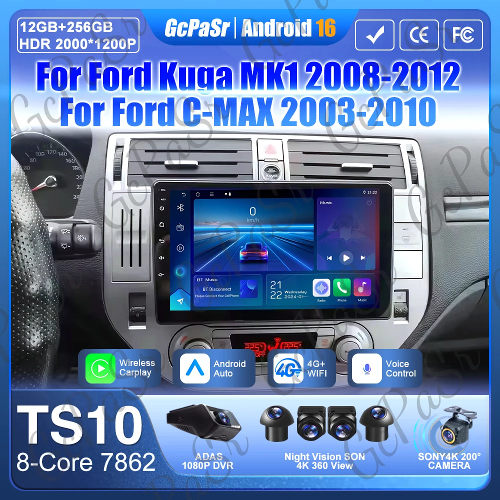 Android 16 For Ford Kuga MK1 2008-2012 For Ford C-MAX CMAX 2003-2010 Car Radio GPS 2k Screen Carplay 4G Wifi Stereo Video DSP BT