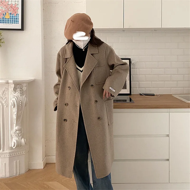 

Осень-зима 2026, новое повседневное двустороннее шерстяное пальто, женское модное двубортное длинное шерстяное пальто, женское свободное пальто B1473